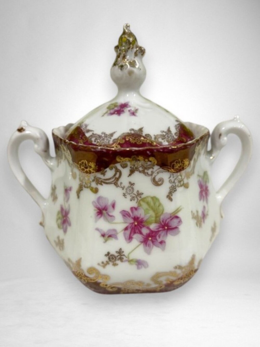 Vintage Floral Sugar Bowl with Lid White Pink Gold